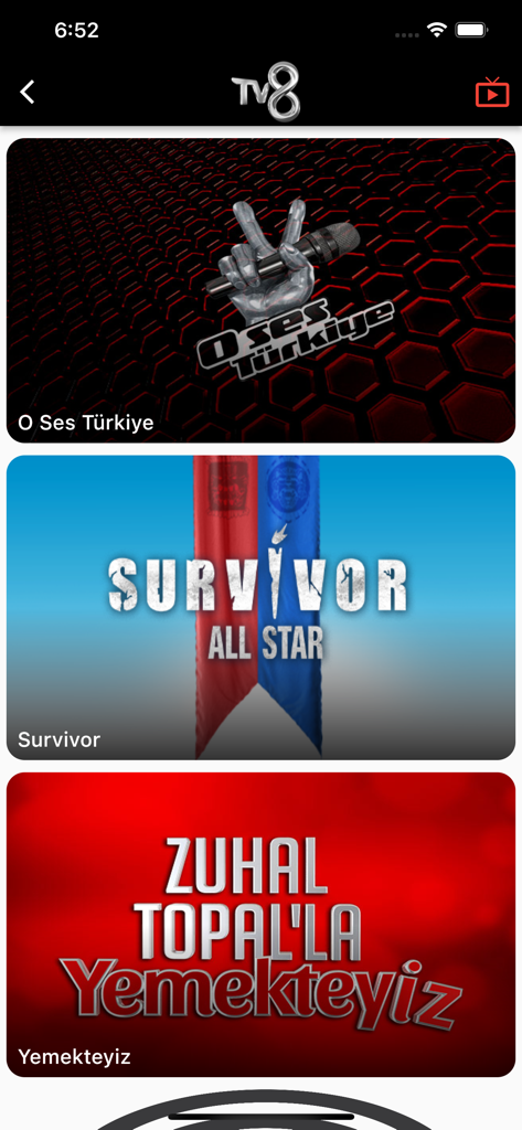 TV8 - Pantalla principal de la aplicación móvil TV8 que muestra tarjetas para O Ses Türkiye, Survivor All Star y Zuhal Topal'la Yemekteyiz