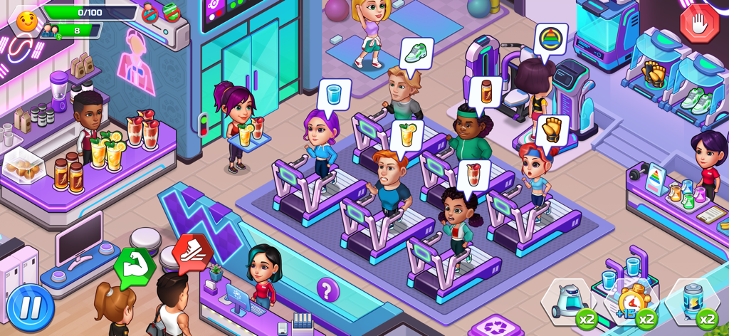 Happy Fitness: Gym Game - トレッドミルで運動するキャラクターとジュースバーを示す、カラフルなジム管理ゲームプレイ