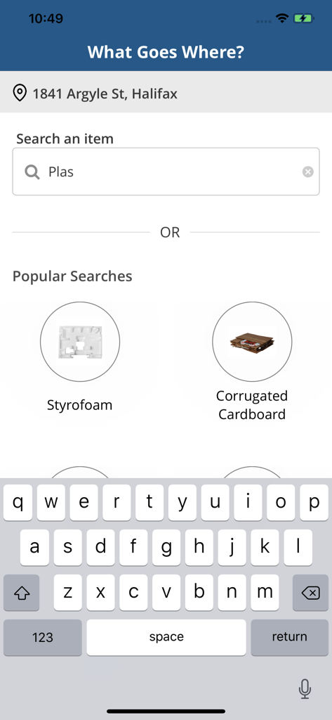 Halifax Recycles - The What Goes Where search feature in the Halifax Recycles app showing popular recycling searches for styrofoam and corrugated cardboard.