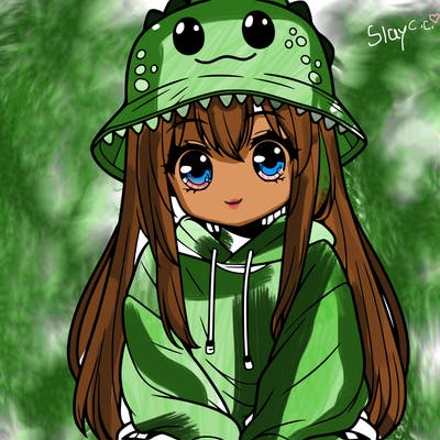 girl with anime shaped eyes with a dinosaur bucket hat oversized sweatshirt long straight hair