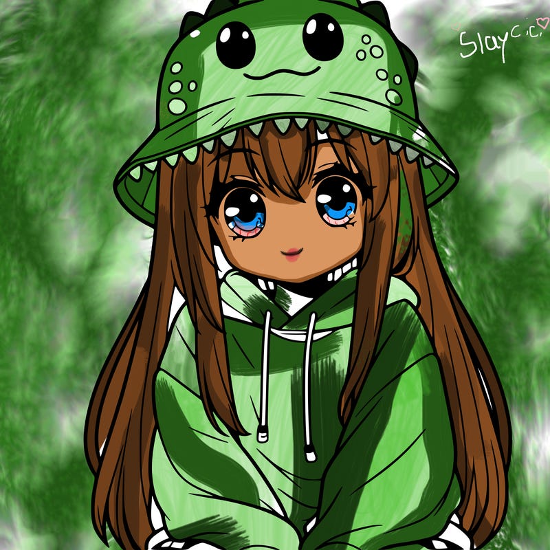 girl with anime shaped eyes with a dinosaur bucket hat oversized sweatshirt long straight hair