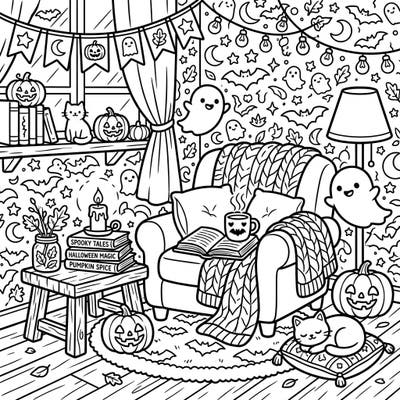 Immerse yourself in the cutest Halloween ever with this Kawaii-style cozy room. Featuring friendly ghosts, pumpkins, and a warm armchair, it's the perfect scene for a relaxing coloring session.