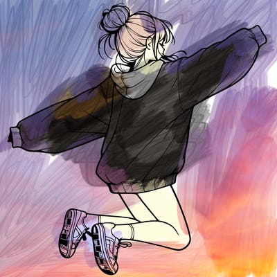 realistic girl jumping with a bun and oversized sweatshirt