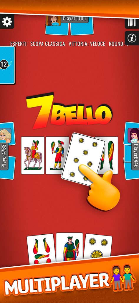 Interface do jogo mobile Scopa Piu mostrando uma partida multijogador com cartas regionais italianas autênticas e a pontuação 7 Bello.