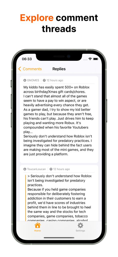 Nested comment threads and user replies in the Hacker News app