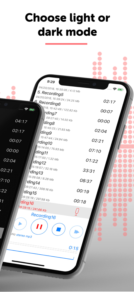 Nebeneinandervergleich der ALON Diktiergerät Sprachaufnahme-App in hellen und dunklen Design-Modi.
