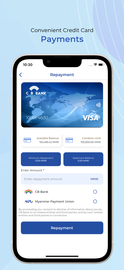 Pantalla de pago de tarjeta de crédito de la aplicación móvil CB Card plus.