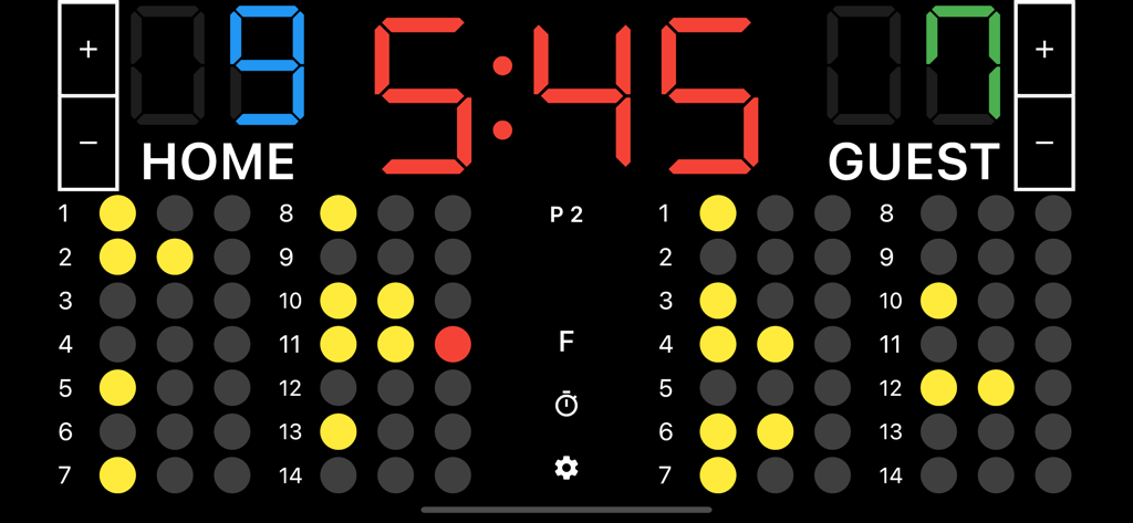 Digital water polo scoreboard interface showing team scores game clock and player foul tracking