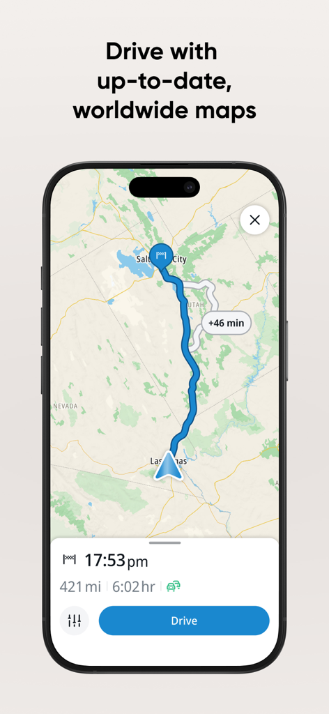 TomTom - Maps & Traffic - TomTom app map interface showing a long distance route from Salt Lake City to Las Vegas with travel time and distance info