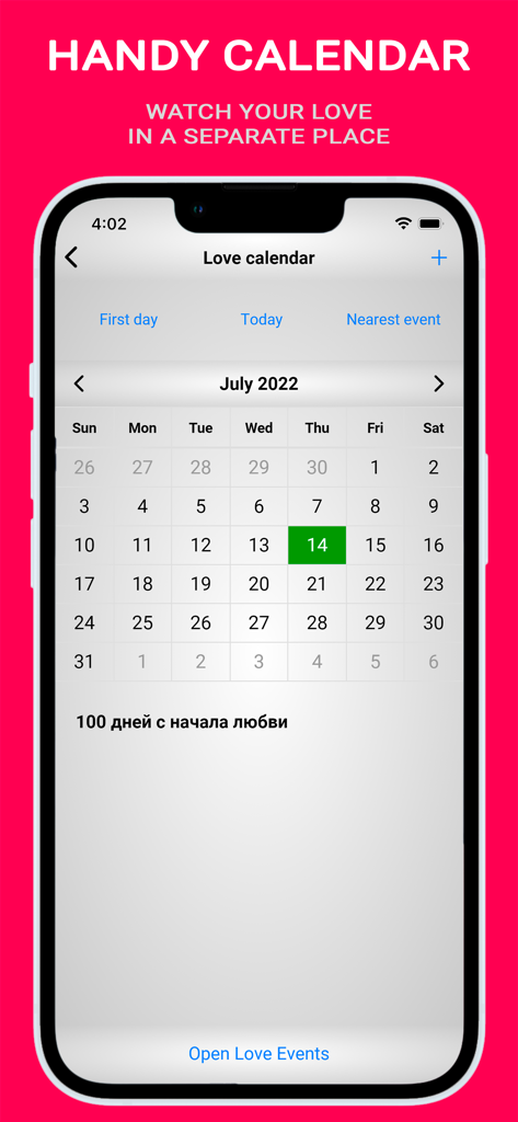 Love - My Relationship Counter - Interfaz del calendario de amor que muestra la vista mensual y el seguimiento de hitos de la relación
