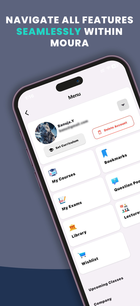 Moura Education - Moura Educationアプリのメインメニューが表示されているスマートフォンの画面。さまざまな教育機能とモジュールが含まれています。