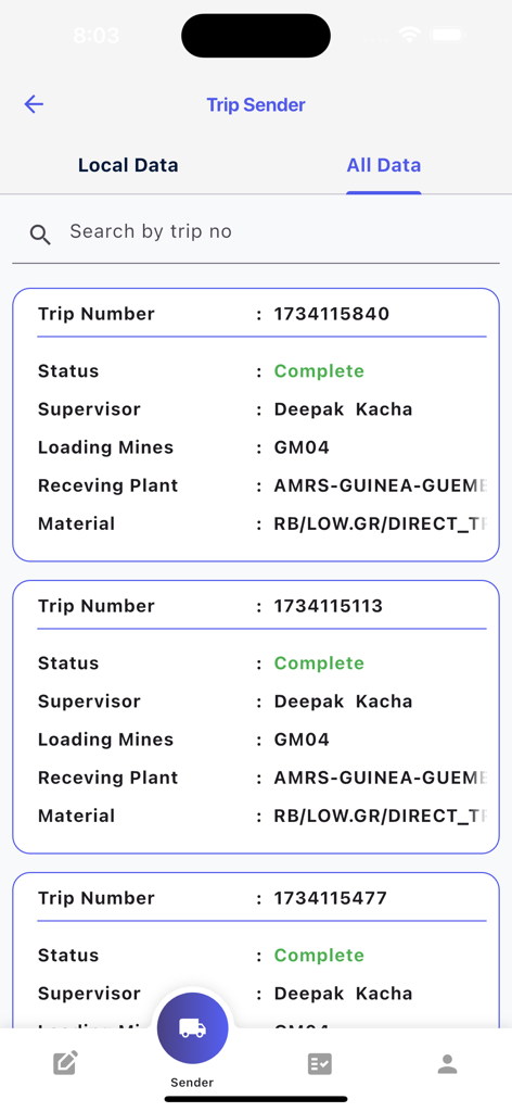 Terra Track - Lista de viajes de logística completados en la aplicación Terra Track mostrando números de viaje y detalles del material