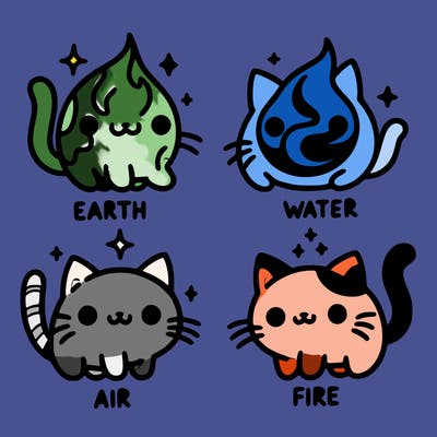 4 cats that represent the different elements, earth, water, air, and fire