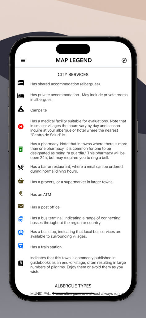 Wise Pilgrim All Caminos - Map legend screen showing city services icons for the Wise Pilgrim All Caminos app