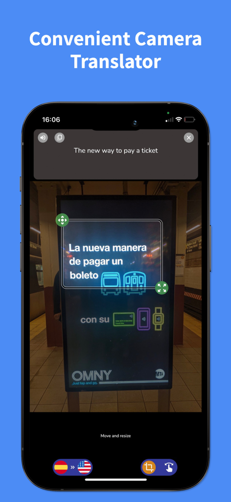 Talk Translator : Voice, Photo - Écran de l'application Talk Translator montrant un panneau de métro espagnol traduit en anglais à l'aide de la fonction caméra