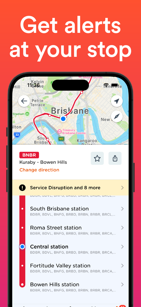 Denver Transit: RTD Bus TImes - Smartphone screen displaying the Denver Transit app featuring a transit route map and a list of upcoming stations with get off alerts.