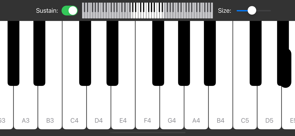 A minimalist piano keyboard interface with labeled keys and a sustain toggle switch