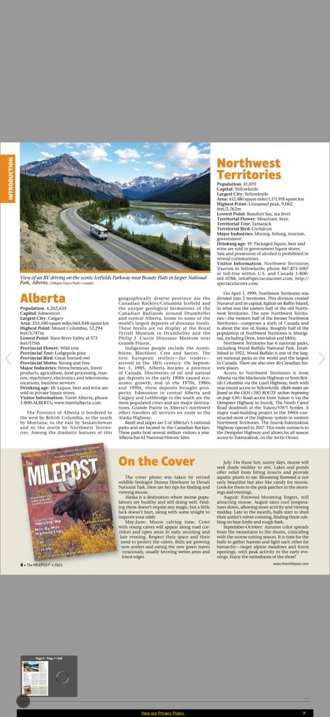 Informational pages about Alberta and the Northwest Territories in The MILEPOST travel app