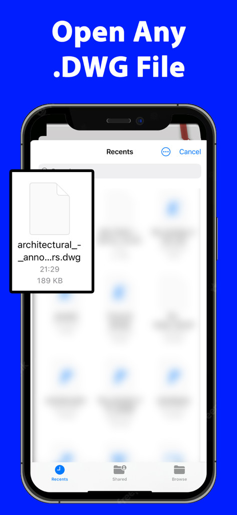 建築図面ファイルが選択されたDWGリーダーアプリの最近使用したファイルインターフェイスを示すスマートフォンの画面