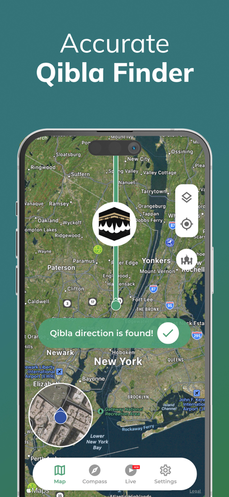 Aplicativo Bússola Qibla mostrando a direção da oração em um mapa em Nova York
