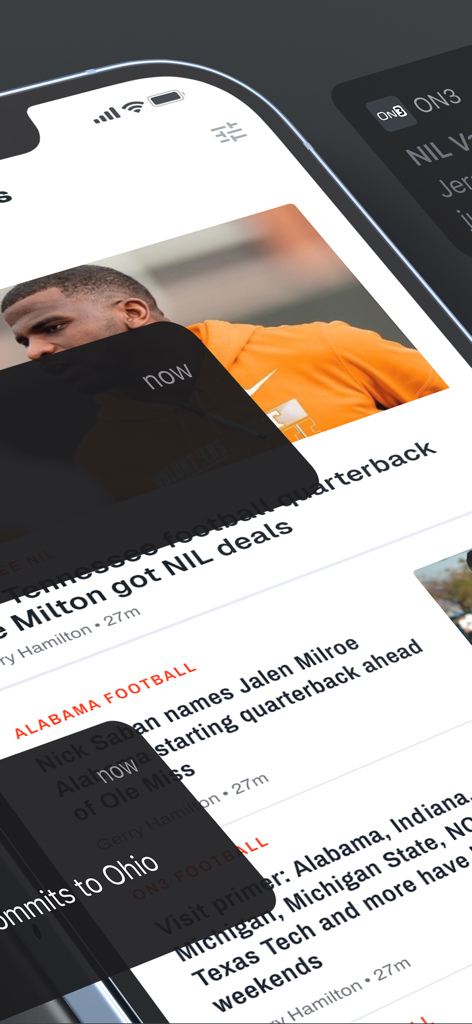 On3 sports app displaying college football headlines and real-time recruiting alerts on a smartphone