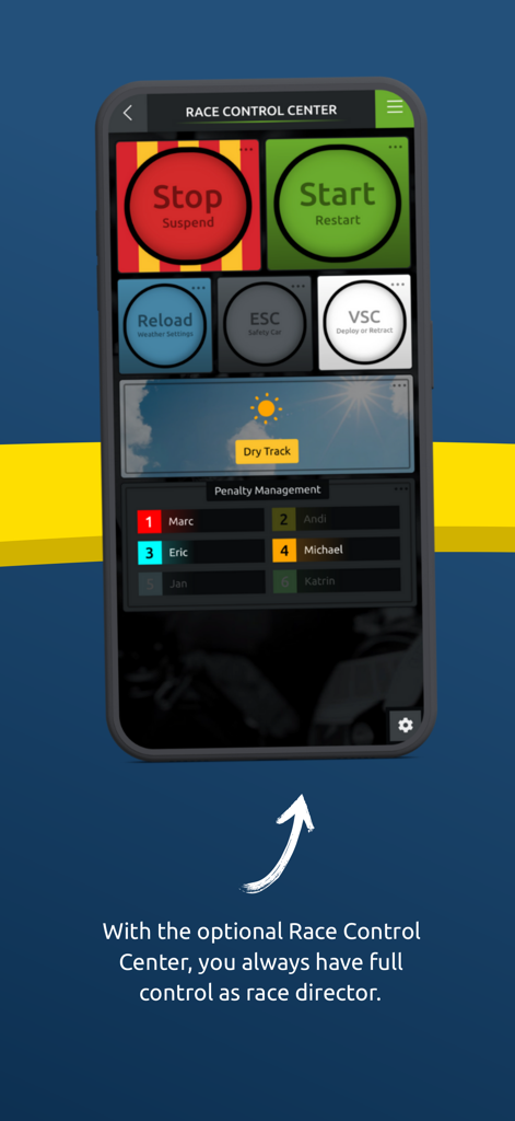 SmartRace Connect - Interface do aplicativo SmartRace Connect mostrando o painel do Centro de Controle de Corrida com controles de gestão de corrida.