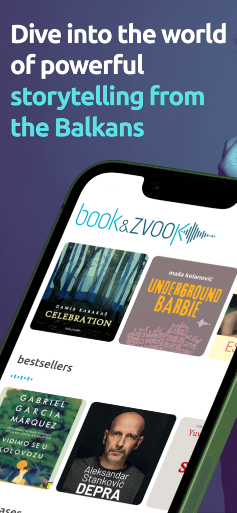 A smartphone displaying the book and zvook app with a selection of Balkan audiobooks under a headline about powerful storytelling.
