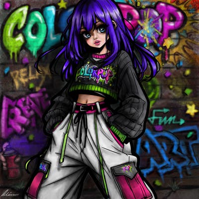 anime teen girl with baggy pants and crop top with sweater