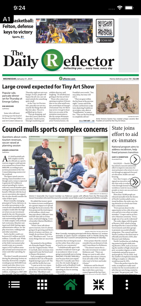 Reflector NC - Front page of the Daily Reflector newspaper digital replica within the Reflector NC mobile app.