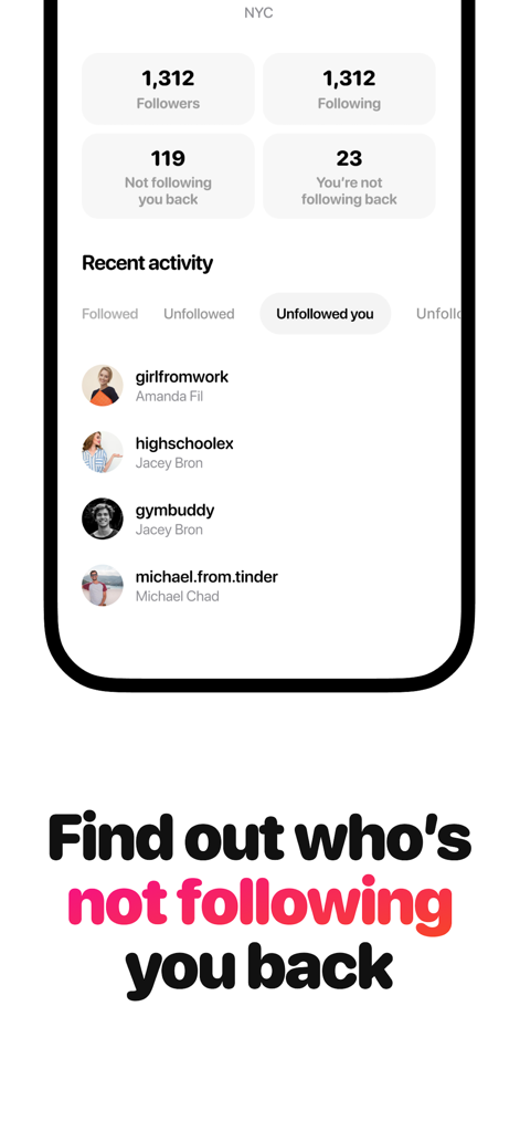 Screenshot of the Toxic app showing Instagram follower analytics and accounts that unfollowed the user.