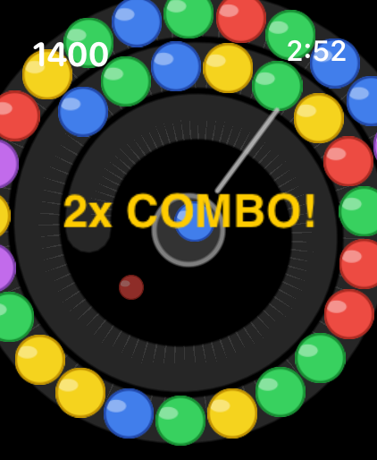 Crown Orbit - Jogabilidade do Crown Orbit no Apple Watch mostrando um combo com bolas coloridas em uma trilha espiral.
