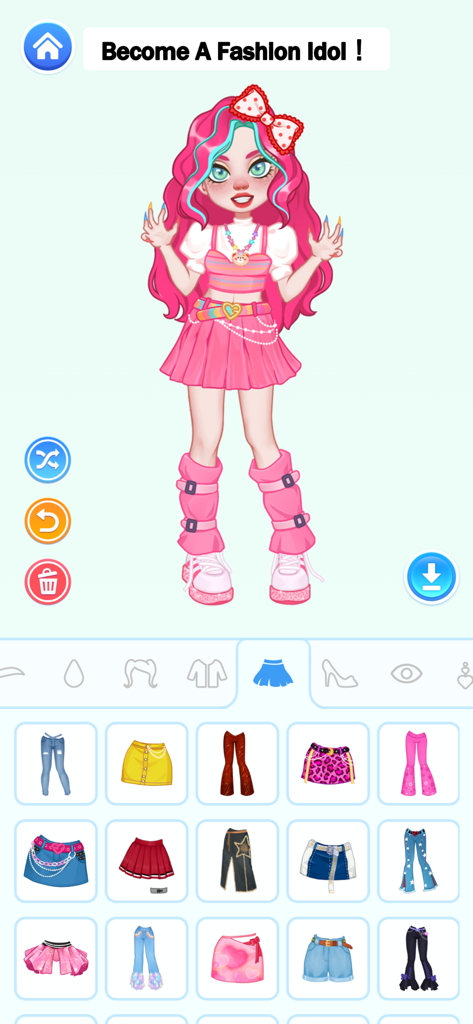 A fashion idol avatar in the YoYa Doll Avatar Maker app with clothing customization options
