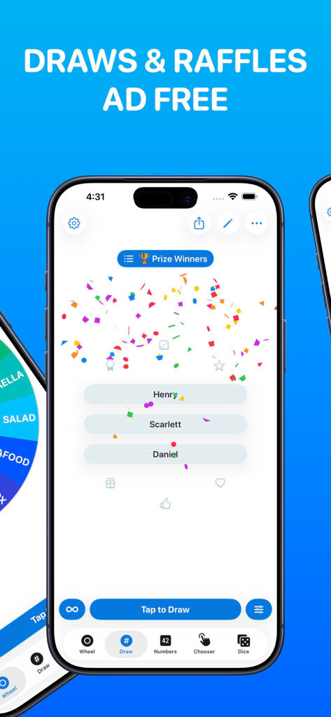 Wheel Spinner - Pick Me - Wheel Spinner Pick Me app screen showing raffle prize winners with confetti