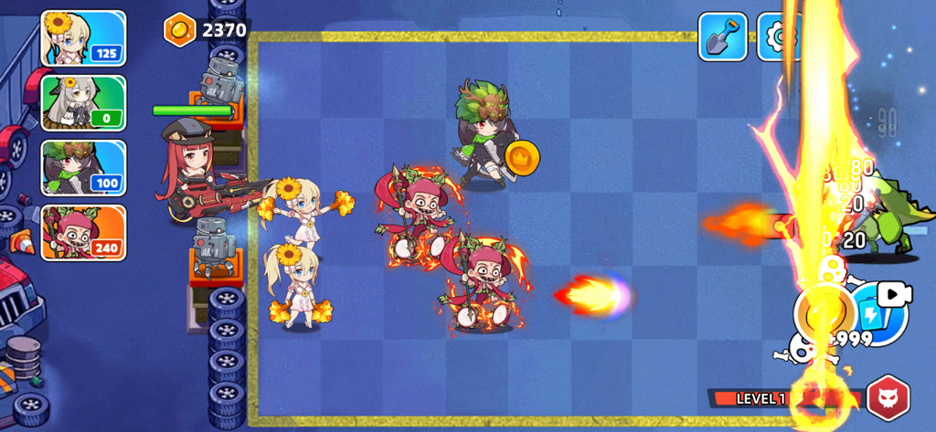 Future Guard - Future GuardのアクションTDゲームプレイ画面。ヒーローが青いグリッド上でモンスターと戦っており、炎とエネルギービームのエフェクトが表示されている。