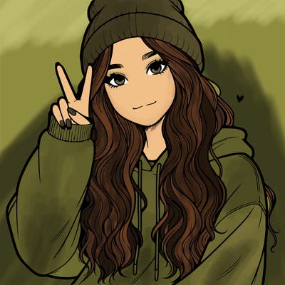 a teenage girl in a beanie, oversized sweatshirt, wavy long hair, and is showing a ✌️