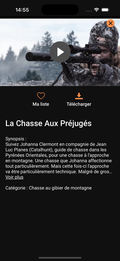 Zone300 mobile app screen showing a mountain hunting documentary details page