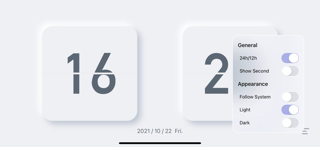 Minimalist flip clock app interface showing settings for time format and light mode.