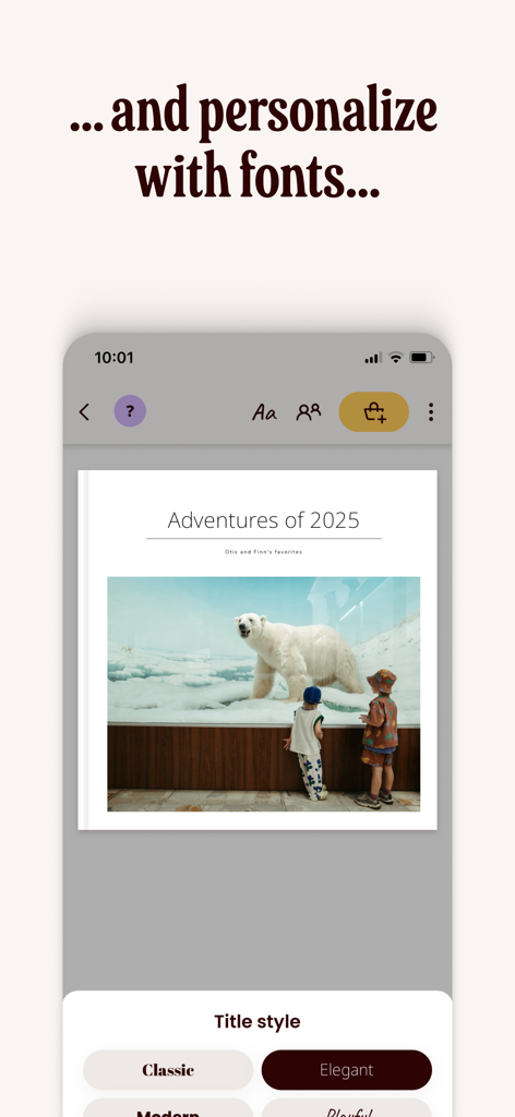 Once Upon | Photo book Creator - Selecting a title style and font for a photo book in the Once Upon app