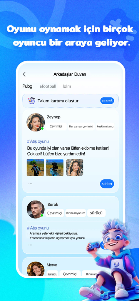 Teami：Team up & Play - Interfaz de la aplicación Teami que muestra el Muro de Amigos donde los usuarios pueden buscar perfiles y encontrar compañeros de equipo para juegos móviles.