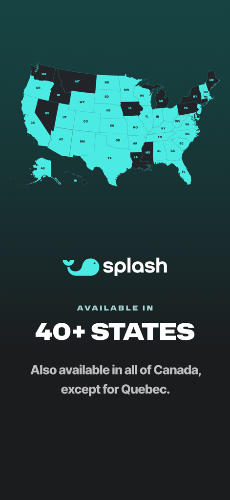 Splash Sports | Survivor & DFS - Availability map of the United States and Canada for Splash Sports app
