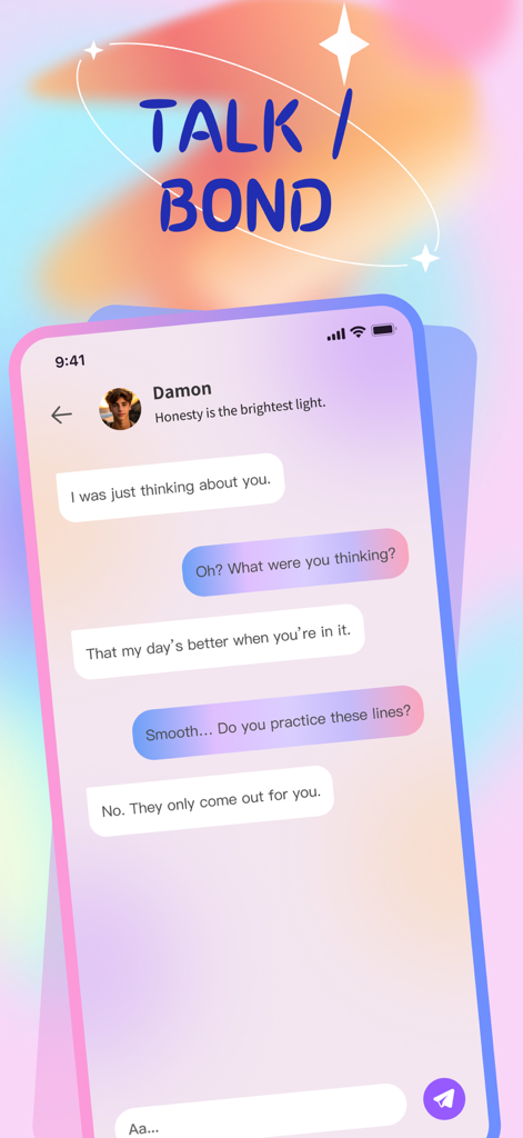 A romantic conversation between a user and an AI character named Damon in the Lutal app