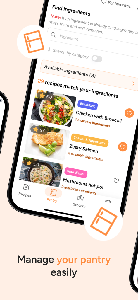 Food Simp: Cook by Ingredients - Food Simp app interface showing pantry management and recipes matching available ingredients