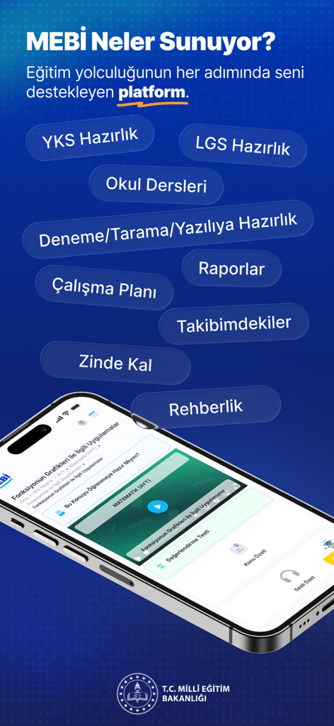 YKS 및 LGS 시험 준비 및 학교 수업 모듈을 보여주는 MEBİ 앱 인터페이스