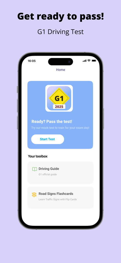 G1 Driving Test Ontario - Pantalla de inicio de la aplicación G1 Driving Test Ontario con opciones para exámenes de práctica, guía de conducción y tarjetas de memoria de señales de tránsito