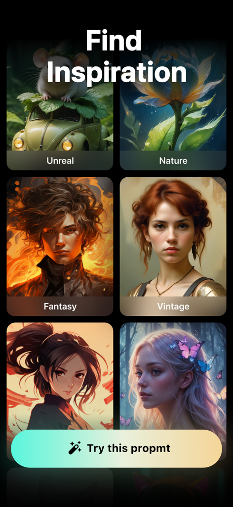 AI Photo Generator - Art Guru - Find inspiration screen in Art Guru showing a gallery of AI generated images in styles like Unreal Nature Fantasy and Vintage