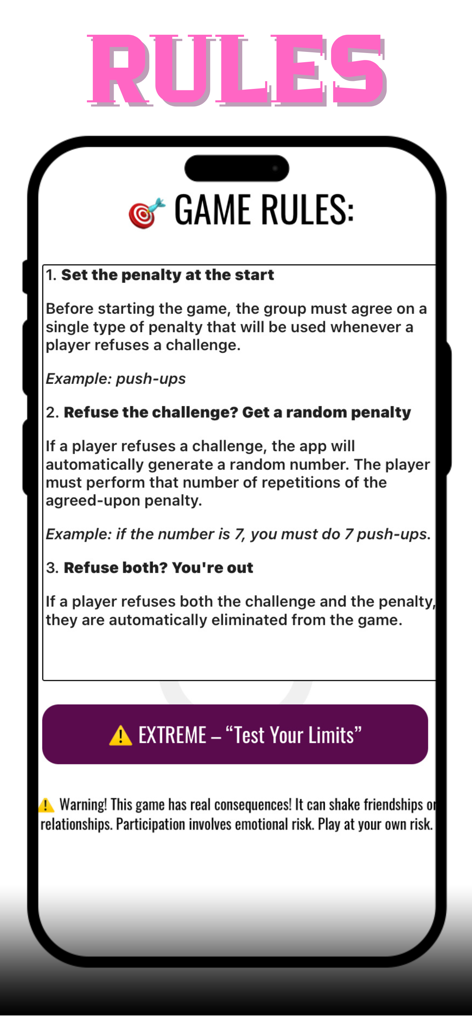 A smartphone display showing the three main game rules and a penalty system for the Pengu Party app.