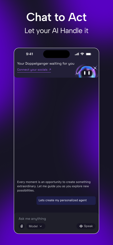 Doppelgangers AI - パーソナライズされたエージェントを作成するためのチャット画面が表示されているDoppelgangers AIモバイルアプリインターフェイス。