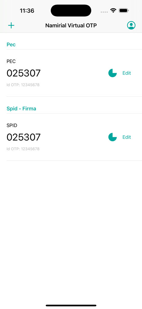 Main screen of the Namirial OTP app displaying 6-digit authentication codes for PEC and SPID services.