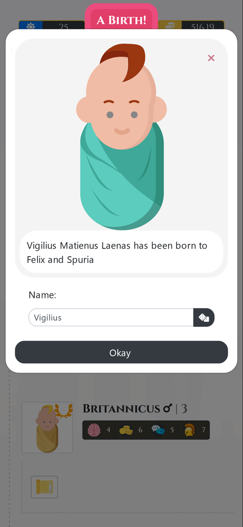 A birth notification screen in Citizen of Rome featuring a swaddled baby illustration.