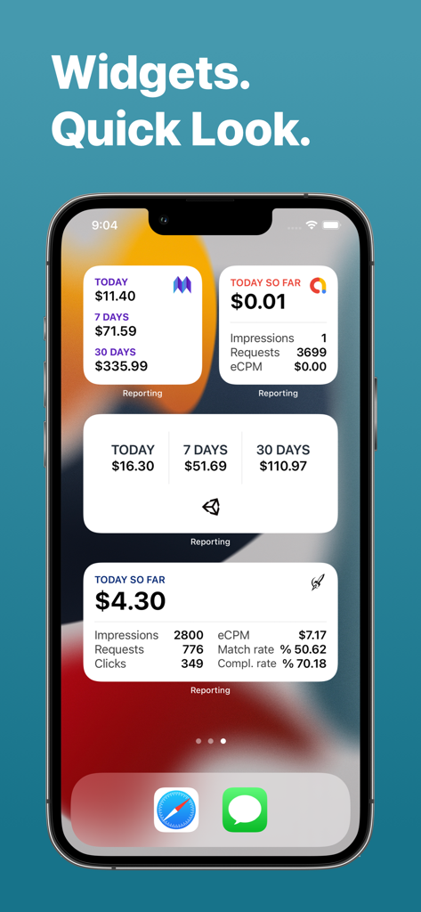 Tela inicial do iPhone exibindo vários widgets com dados de receita de anúncios e eCPM de várias redes